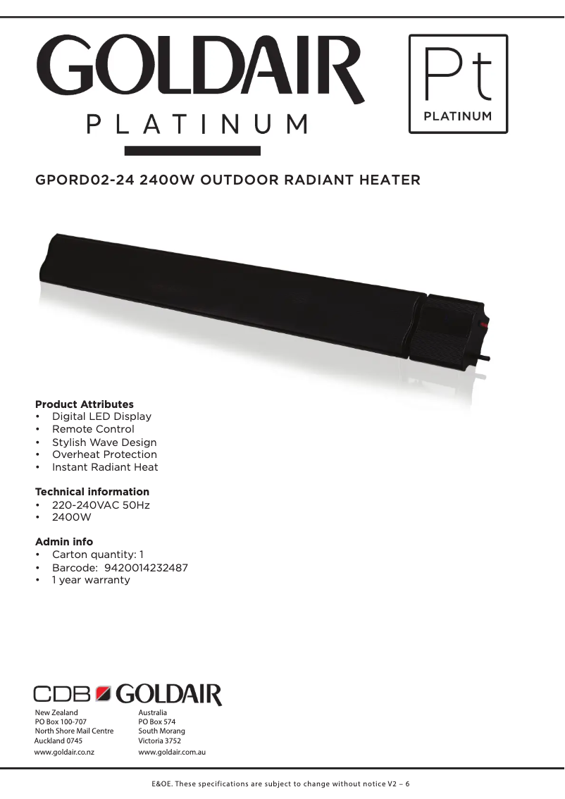 Página 1 del manual Ficha técnica GoldAir GPORD02-24