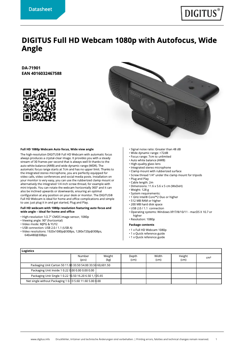 Page 1 de la notice Fiche technique Digitus DA-71901