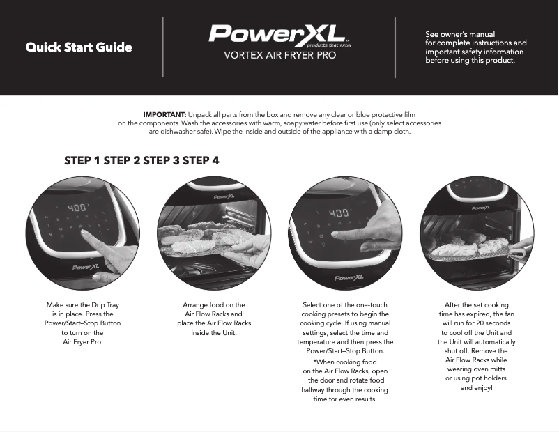 Page 1 of the manual Quick Start Guide PowerXL Vortex Air Fryer Pro CM-005