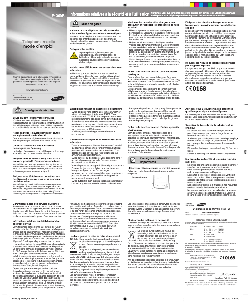 Page 1 de la notice Manuel utilisateur Samsung GT-E1360