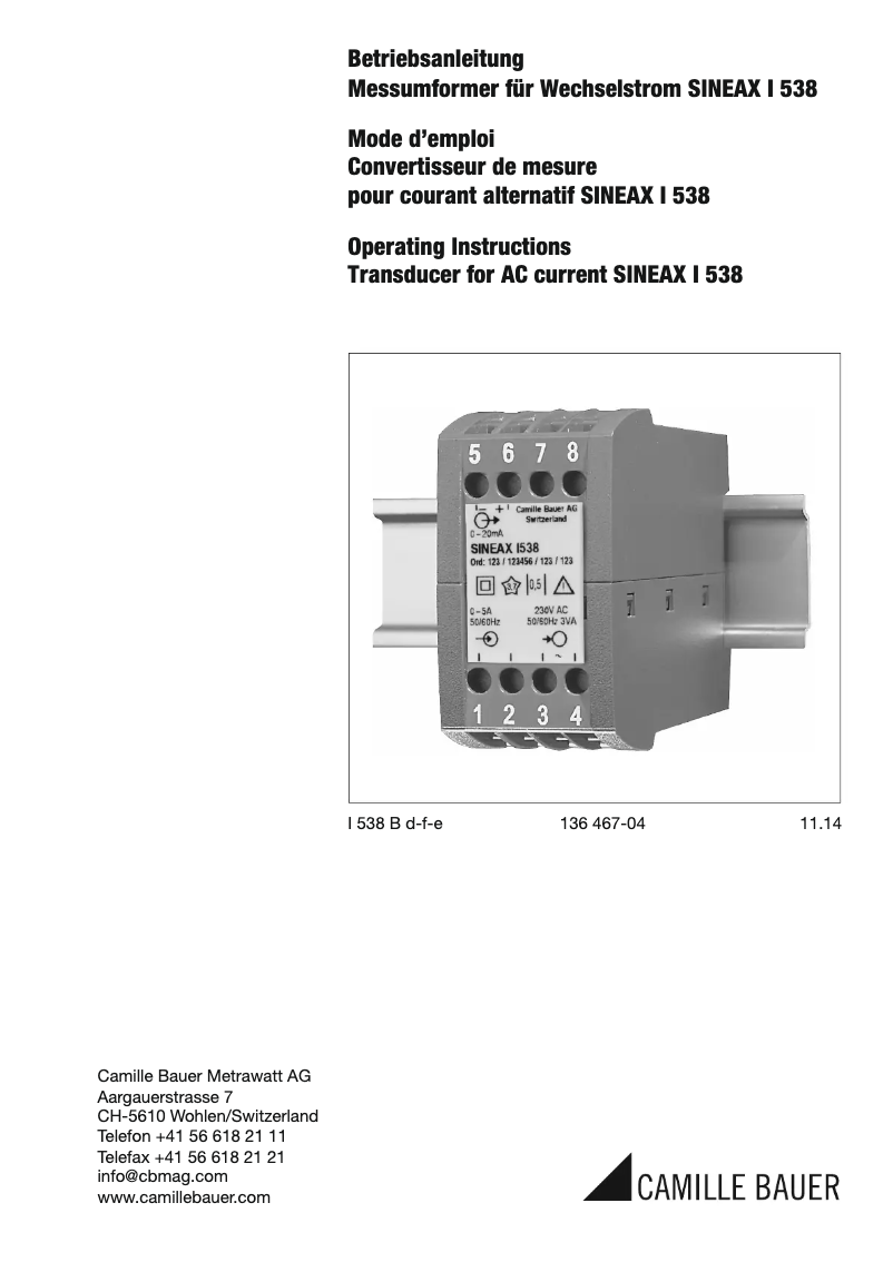 Page 1 de la notice Manuel utilisateur Camille Bauer Sineax I538