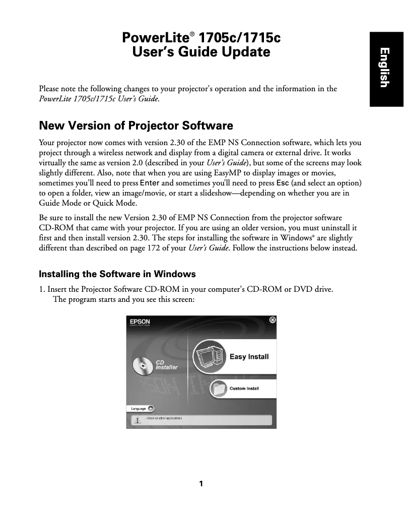 Page 1 de la notice Manuel utilisateur Epson PowerLite 1715c