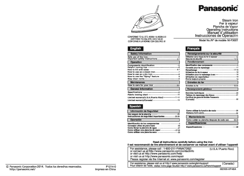 Page 1 de la notice Manuel utilisateur Panasonic NI-P300T