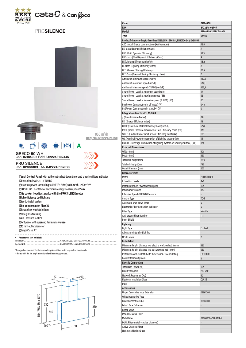 Page 1 de la notice Fiche technique CATA GRECO 90WH PRO SILENCE