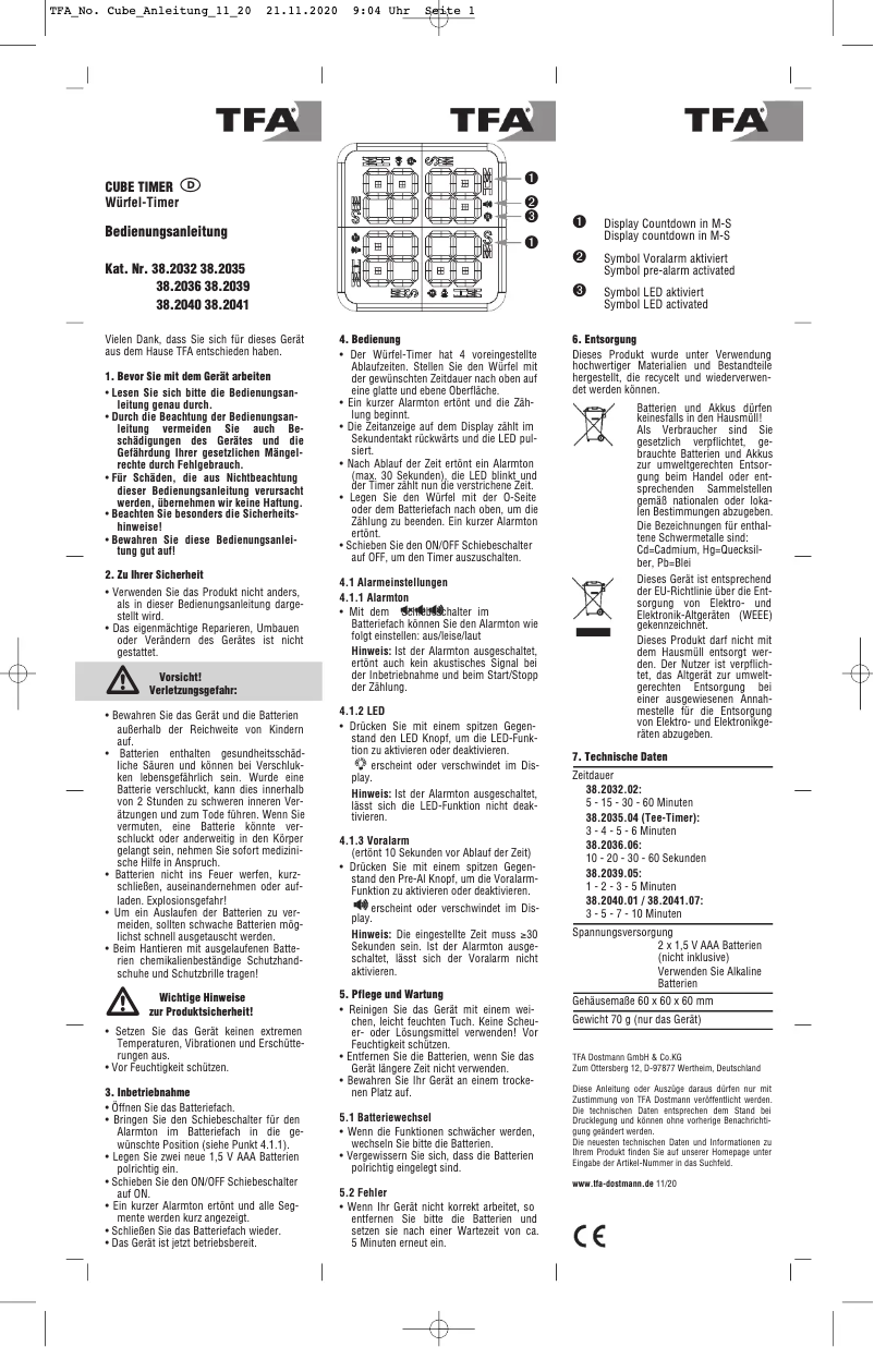 Página 1 del manual Manual de usuario TFA Cube Timer 38.2036.06