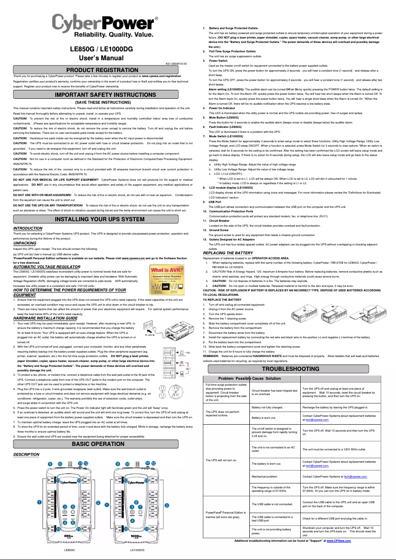 Page 1 de la notice Manuel utilisateur CyberPower LE1000DG