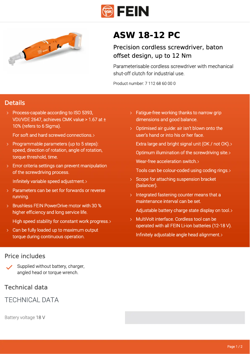 Page 1 de la notice Fiche technique Fein ASW 18-12 PC