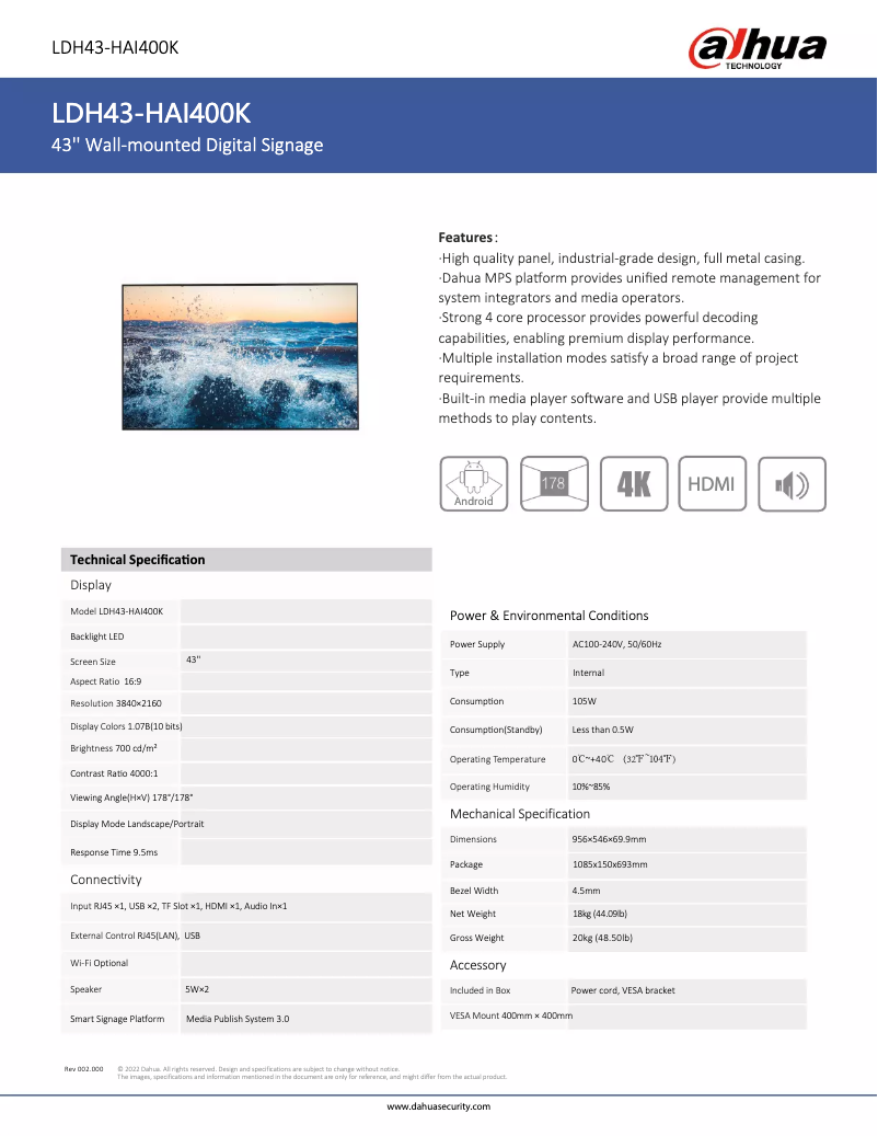 Page 1 de la notice Fiche technique Dahua Technology LDH43-HAI400K