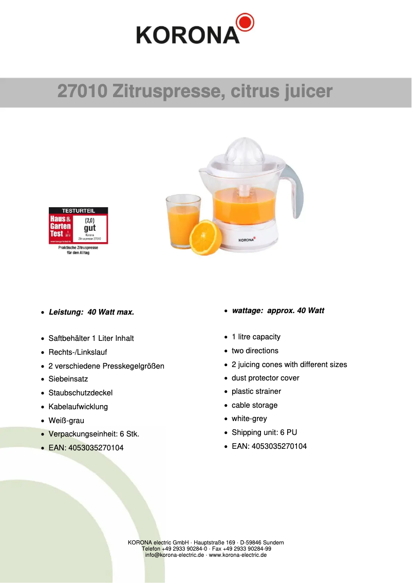 Page 1 de la notice Fiche technique Korona 27010