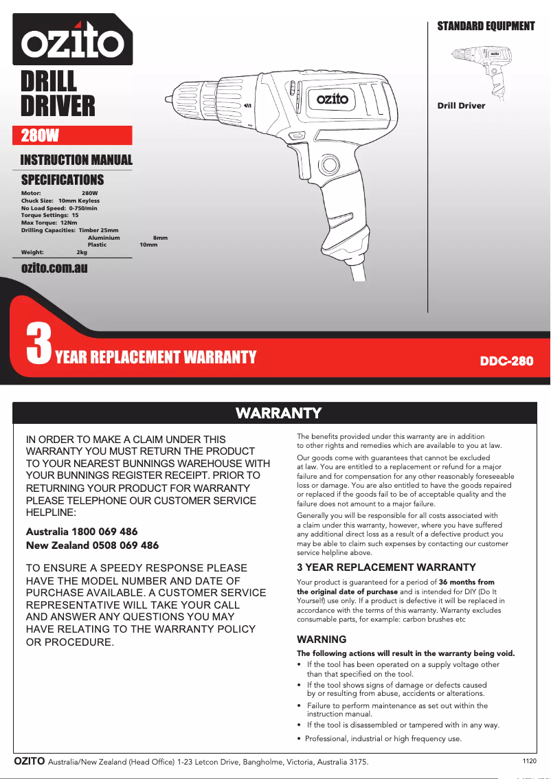 Page 1 of the manual User Manual Ozito DDC-280