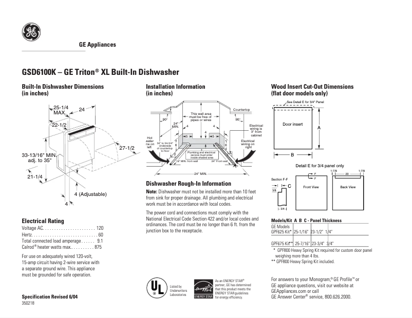 Page n°1 - Fiche technique GE GSD6100KBB