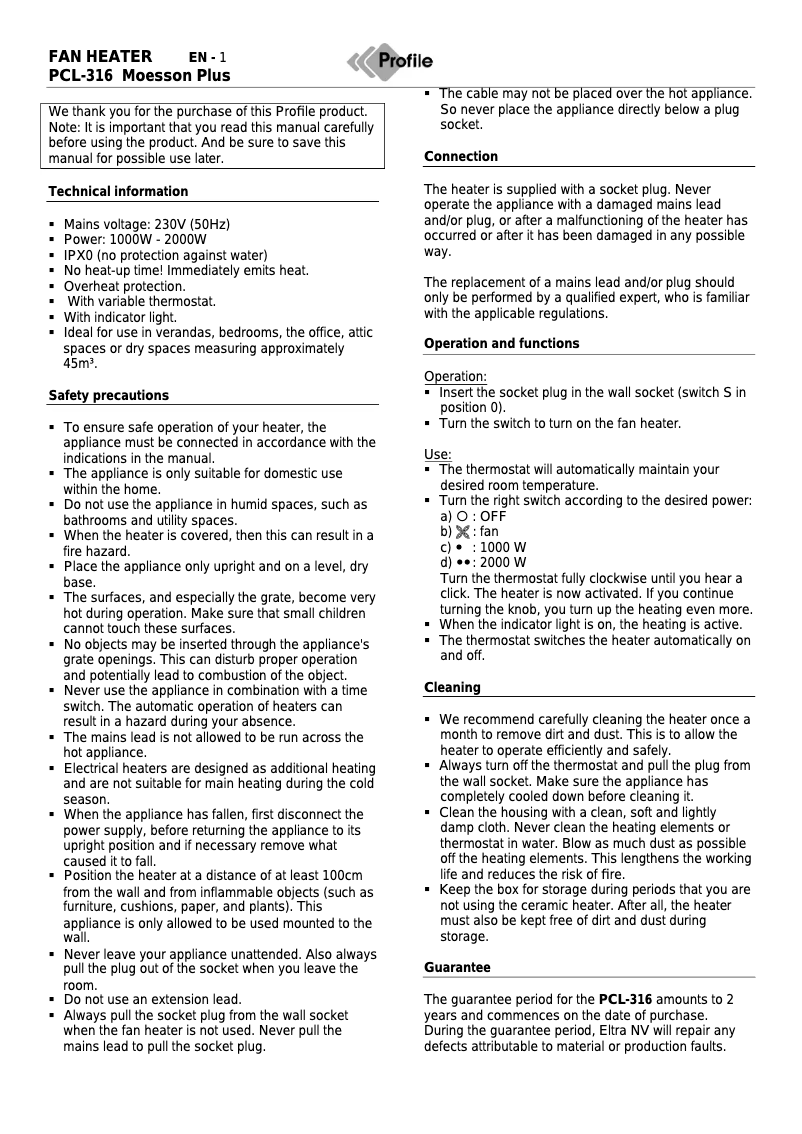 Page 1 de la notice Manuel utilisateur Profile PCL-316 Moesson Plus