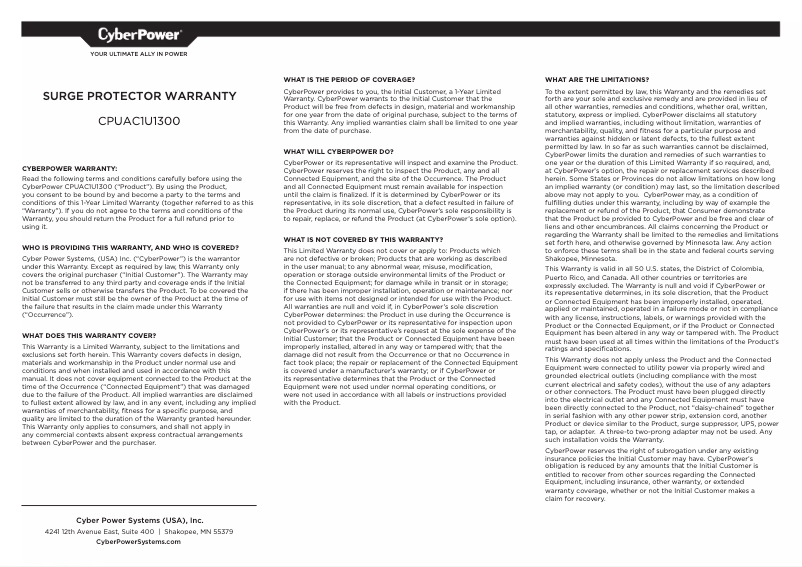 Page 1 de la notice Informations de garantie CyberPower CPUAC1U1300