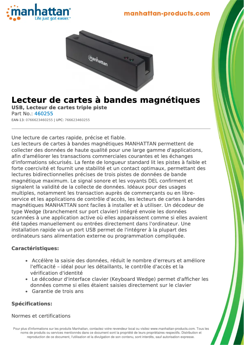 Page 1 de la notice Fiche technique Manhattan 460255