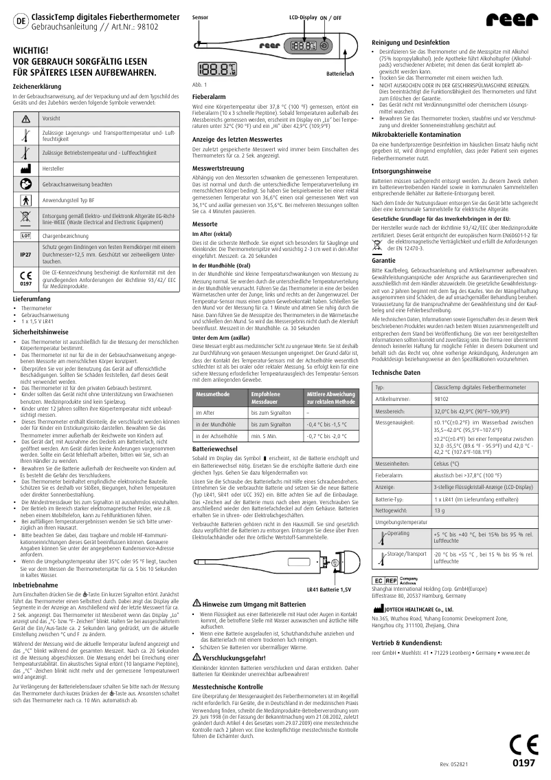 Page 1 de la notice Manuel utilisateur Reer ClassicTemp 98102