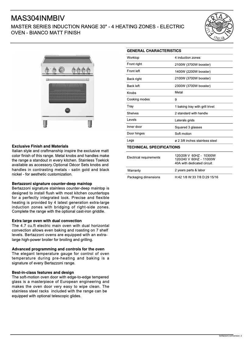 Page 1 de la notice Fiche technique Bertazzoni MAS304INMBIV