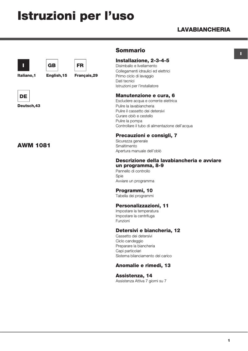 Página 1 del manual Manual de usuario Hotpoint AWM 1081 EU