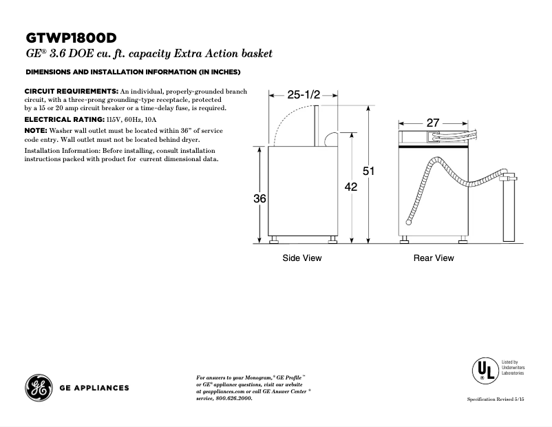 Page 1 de la notice Fiche technique GE GTWP1800DWW