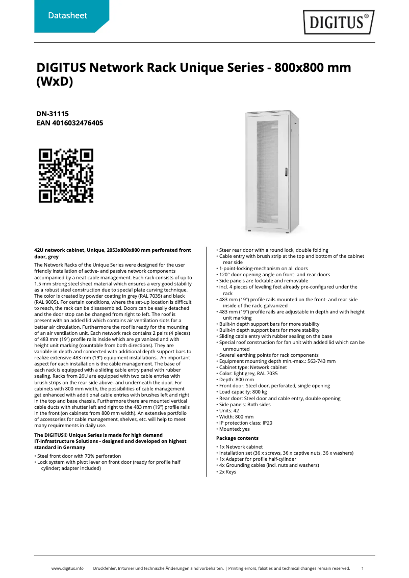 Page 1 de la notice Fiche technique Digitus DN-31115