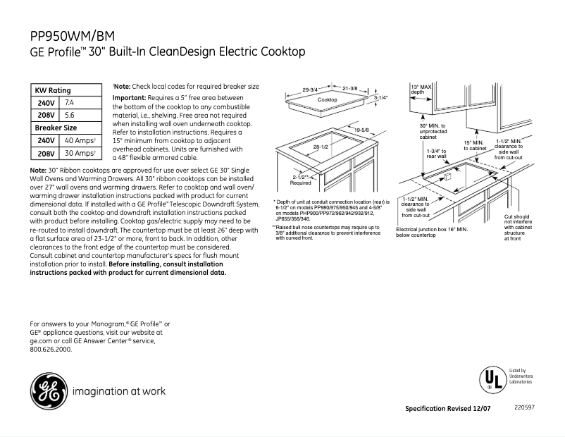 Page n°1 - Fiche technique GE Profile PP950BMBB