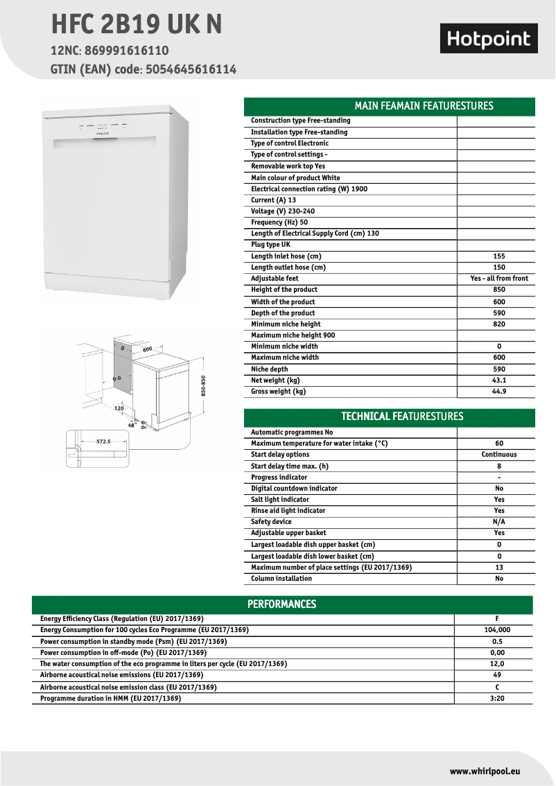 Página 1 del manual Ficha técnica Hotpoint HFC 2B19 UK N