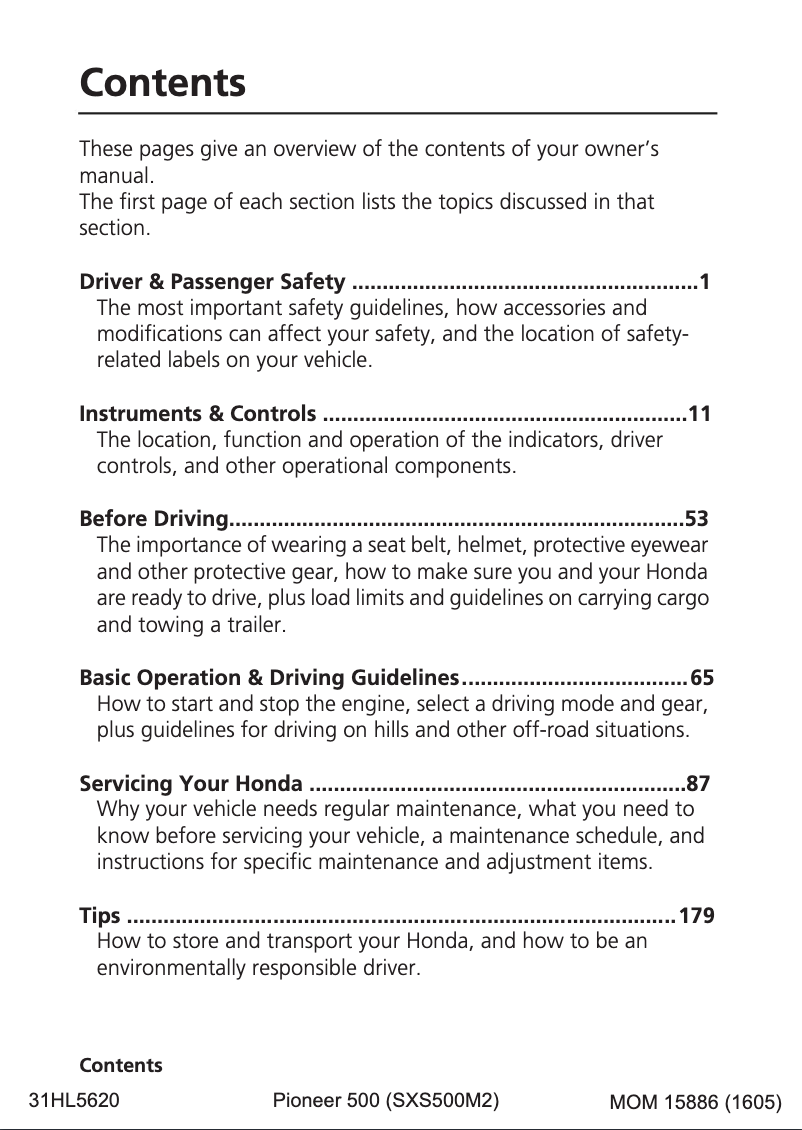 Page 1 de la notice Manuel utilisateur Honda Pioneer 500 (2017)