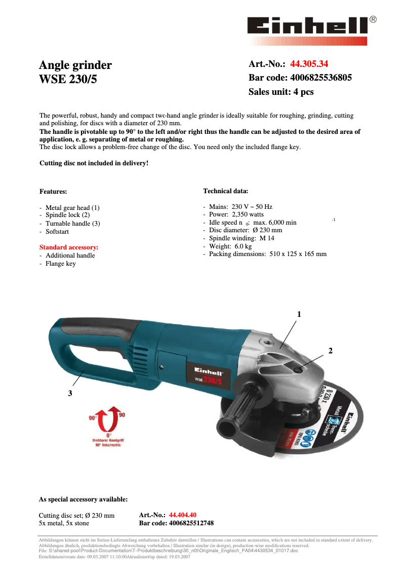 Page 1 de la notice Manuel utilisateur Einhell WSE 230/5