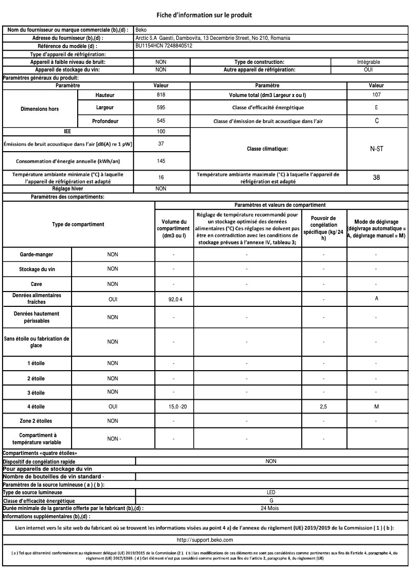 Page 1 de la notice Fiche technique Grundig BU1154HCN