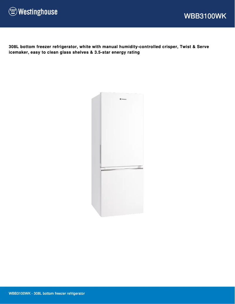 Page 1 de la notice Fiche technique Westinghouse WBB3100WK