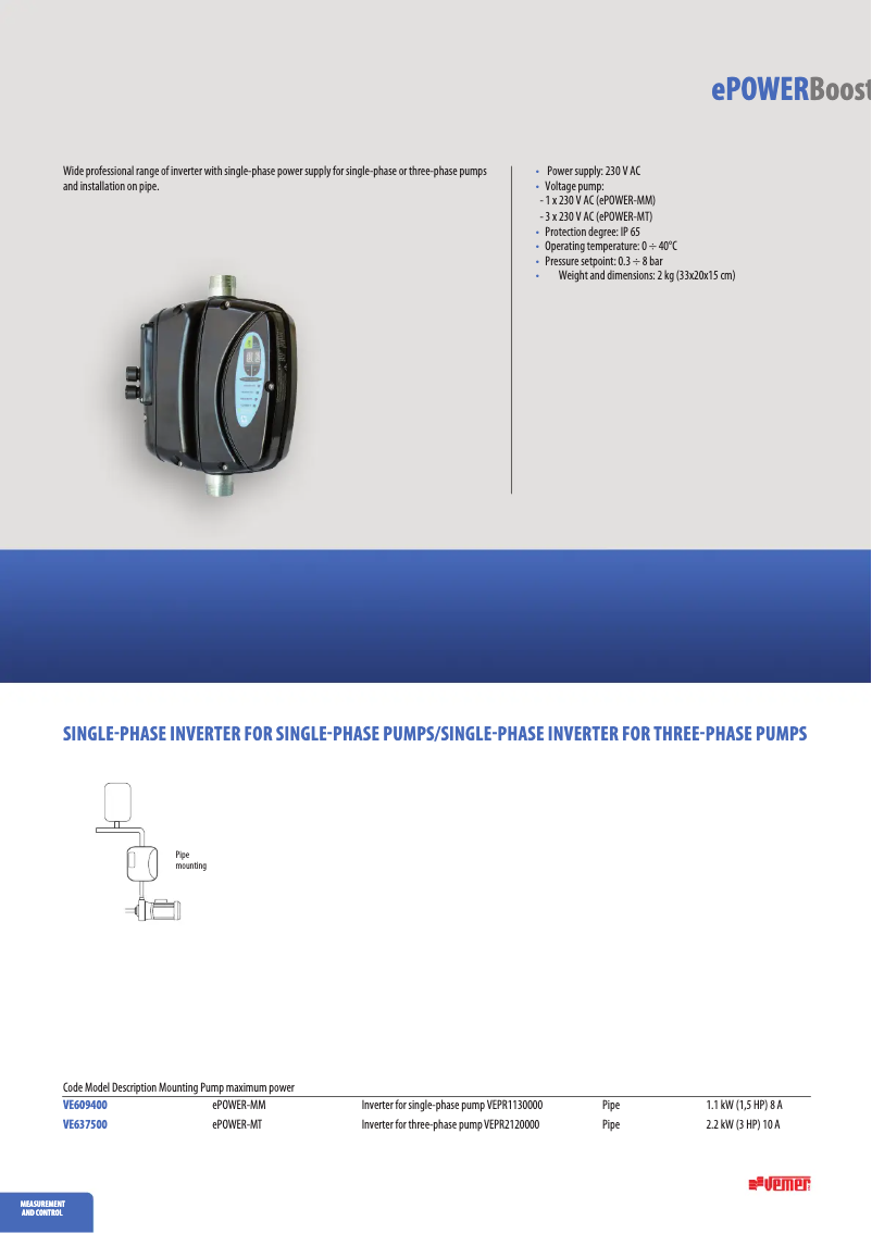 Page 1 de la notice Fiche technique Vemer e-POWER-MT