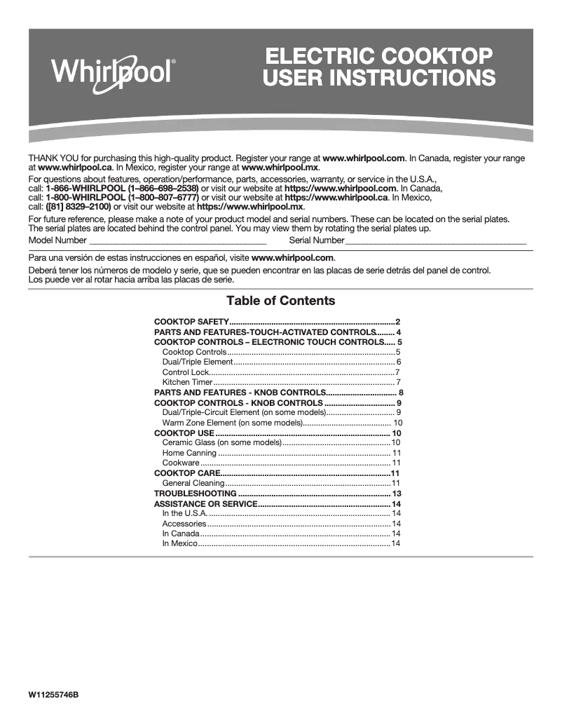 Page 1 de la notice Informations de garantie Whirlpool WCE55US4HB