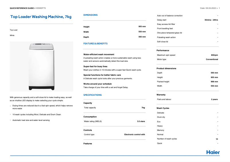 Página 1 del manual Ficha técnica Haier HWMSP70