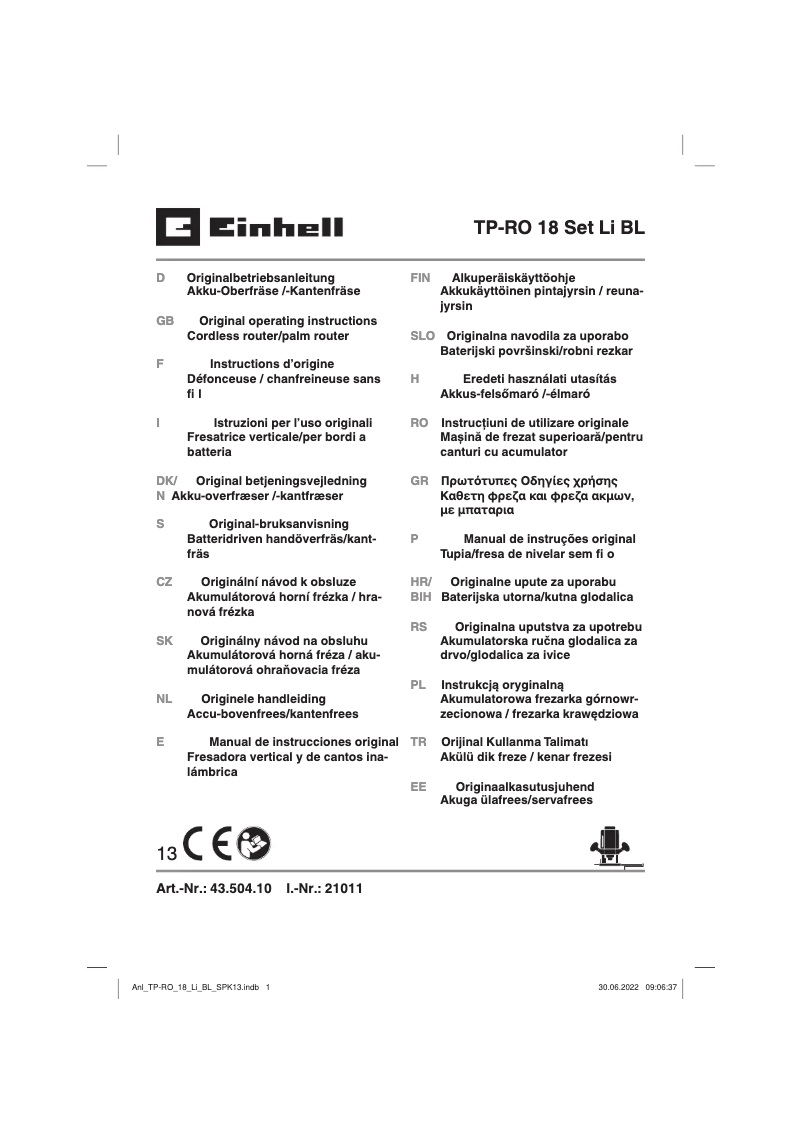 Page 1 de la notice Manuel utilisateur Einhell TP-RO 18 Li BL