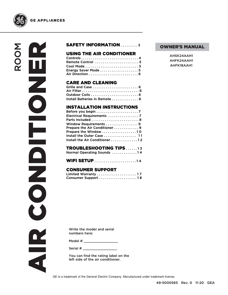 Página 1 del manual Guía de instalación GE AHFK18AA