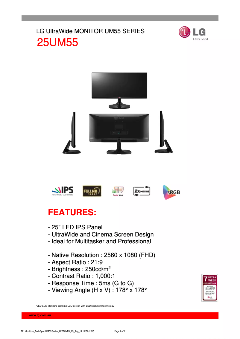 Page 1 de la notice Fiche technique LG 25UM55-P