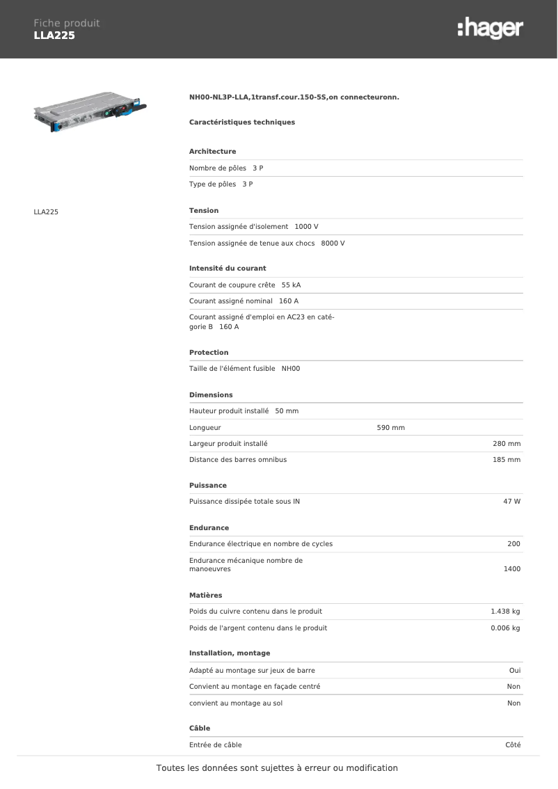 Page 1 de la notice Fiche technique Hager LLA225