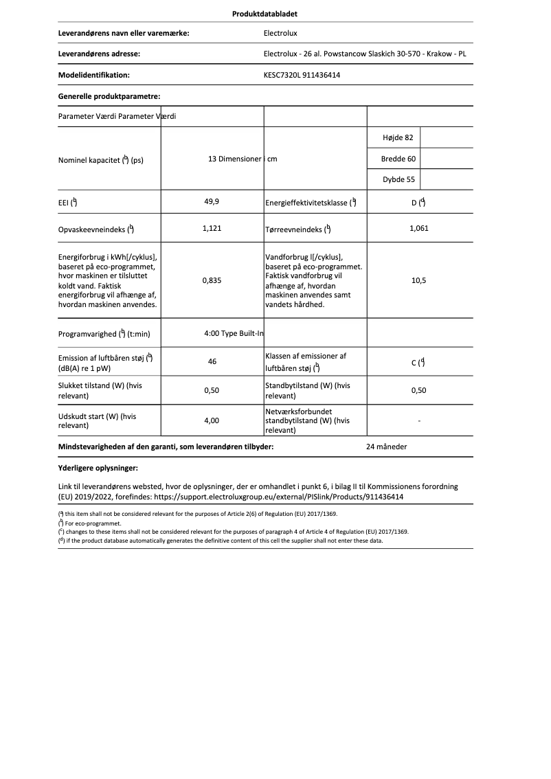 Página 1 del manual Ficha técnica Electrolux KESC7320L