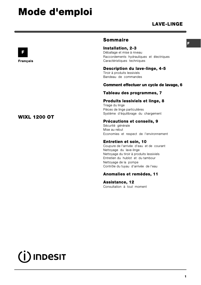 Página 1 del manual Manual de usuario Indesit WIXL 1200 OT (FR)