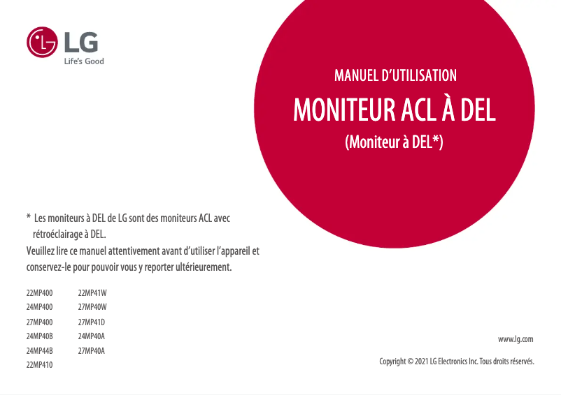 Page 1 de la notice Manuel utilisateur LG 27MP41D