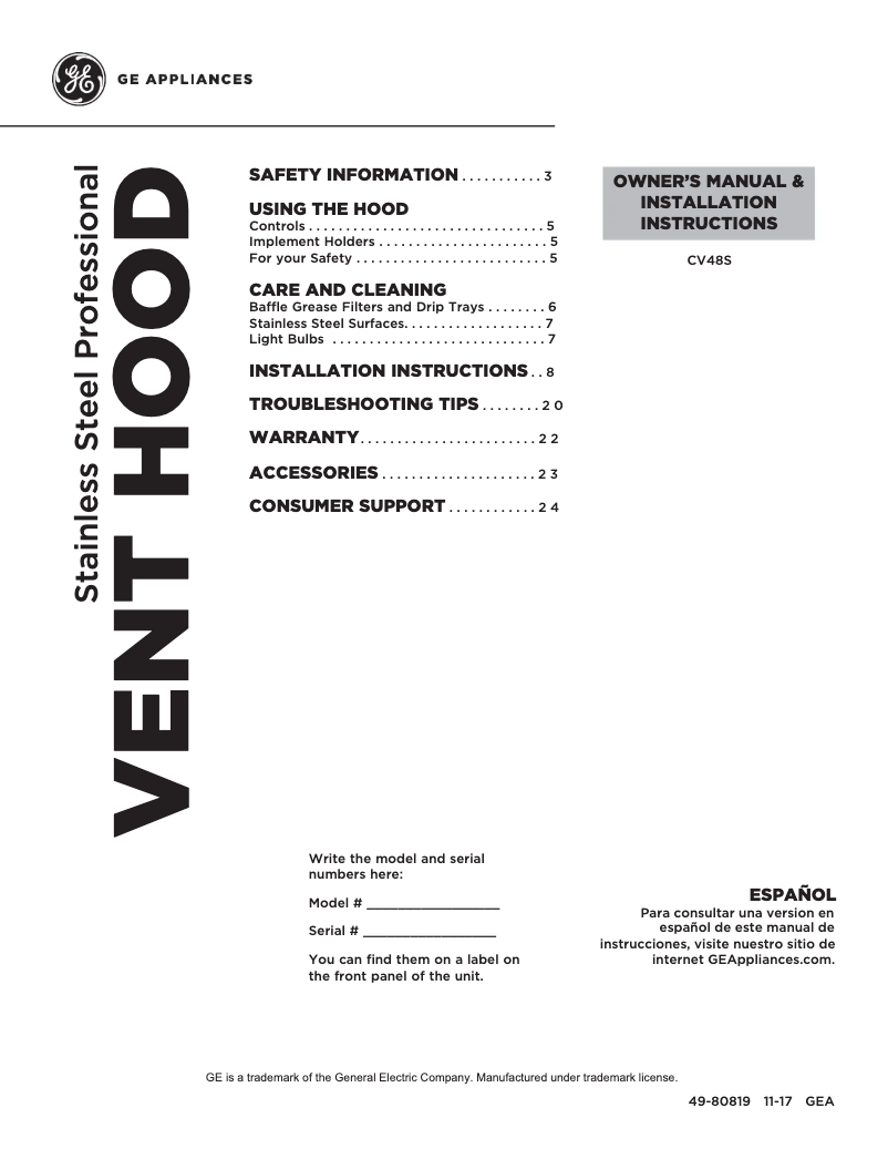 Image de la première page du manuel de l'appareil CV48SSLSS