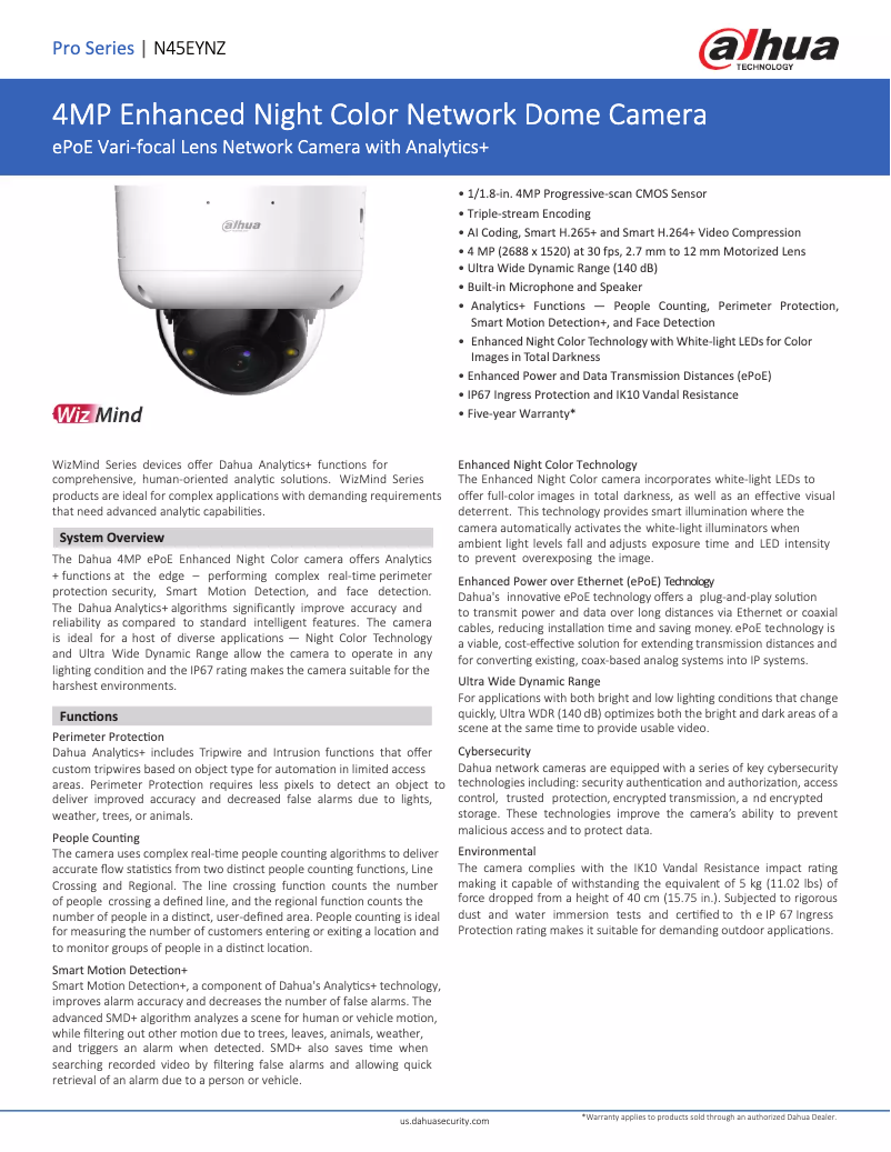 Page 1 de la notice Fiche technique Dahua Technology N45EYNZ