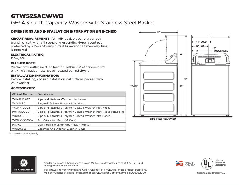 Página 1 del manual Ficha técnica GE GTW525ACWWB