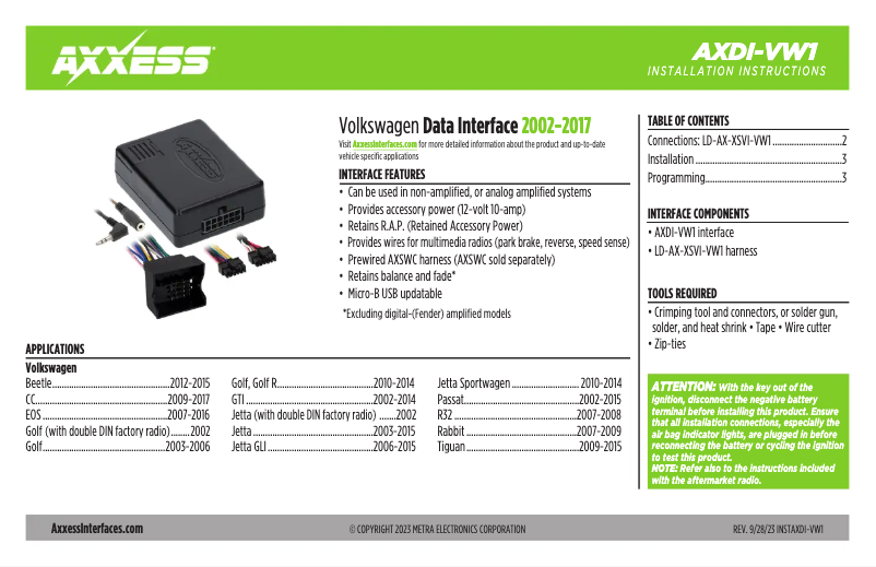 Page 1 de la notice Manuel utilisateur AXESS AXDI-VW1