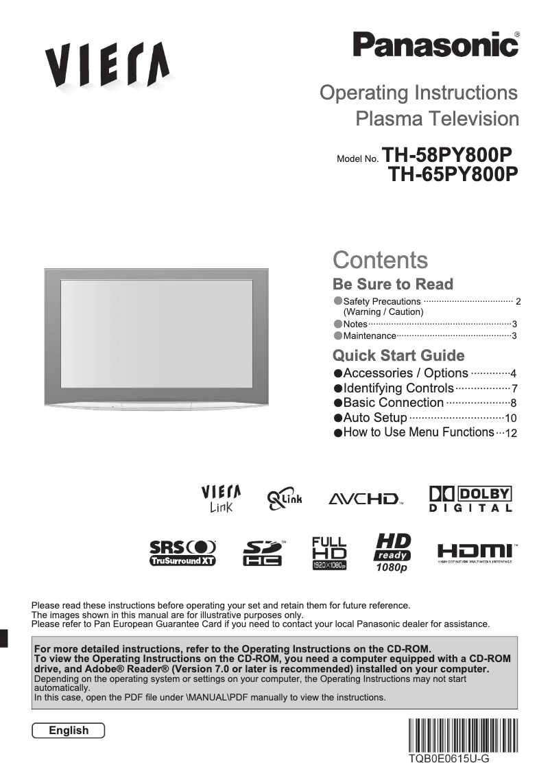 Page 1 of the manual User Manual Panasonic Viera TH-65PY800P