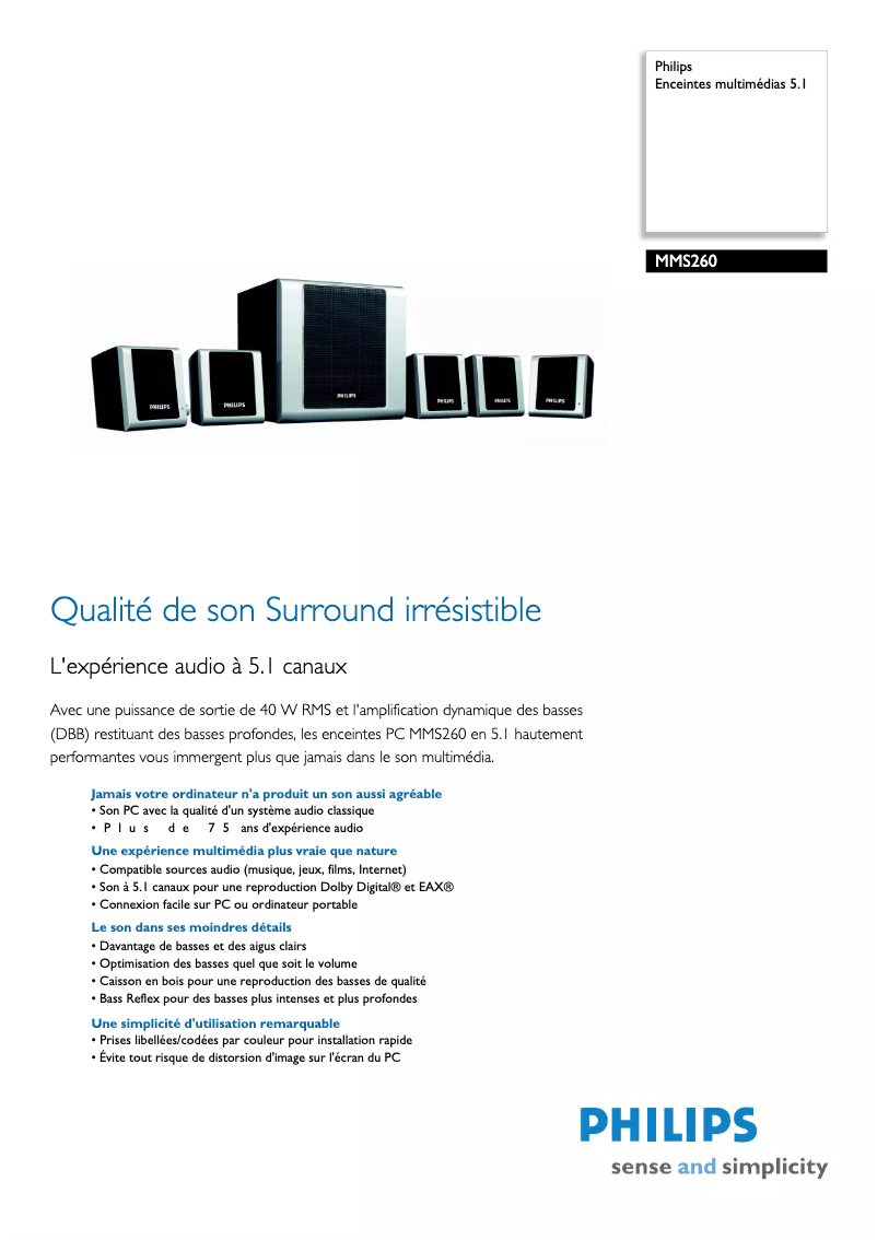 Page 1 de la notice Fiche technique Philips MMS260