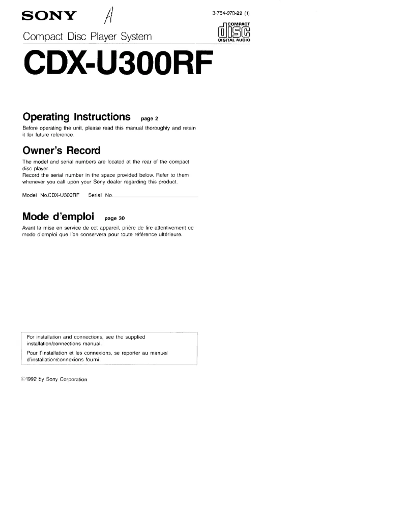 Page 1 de la notice Manuel utilisateur Sony CDX-U300RF