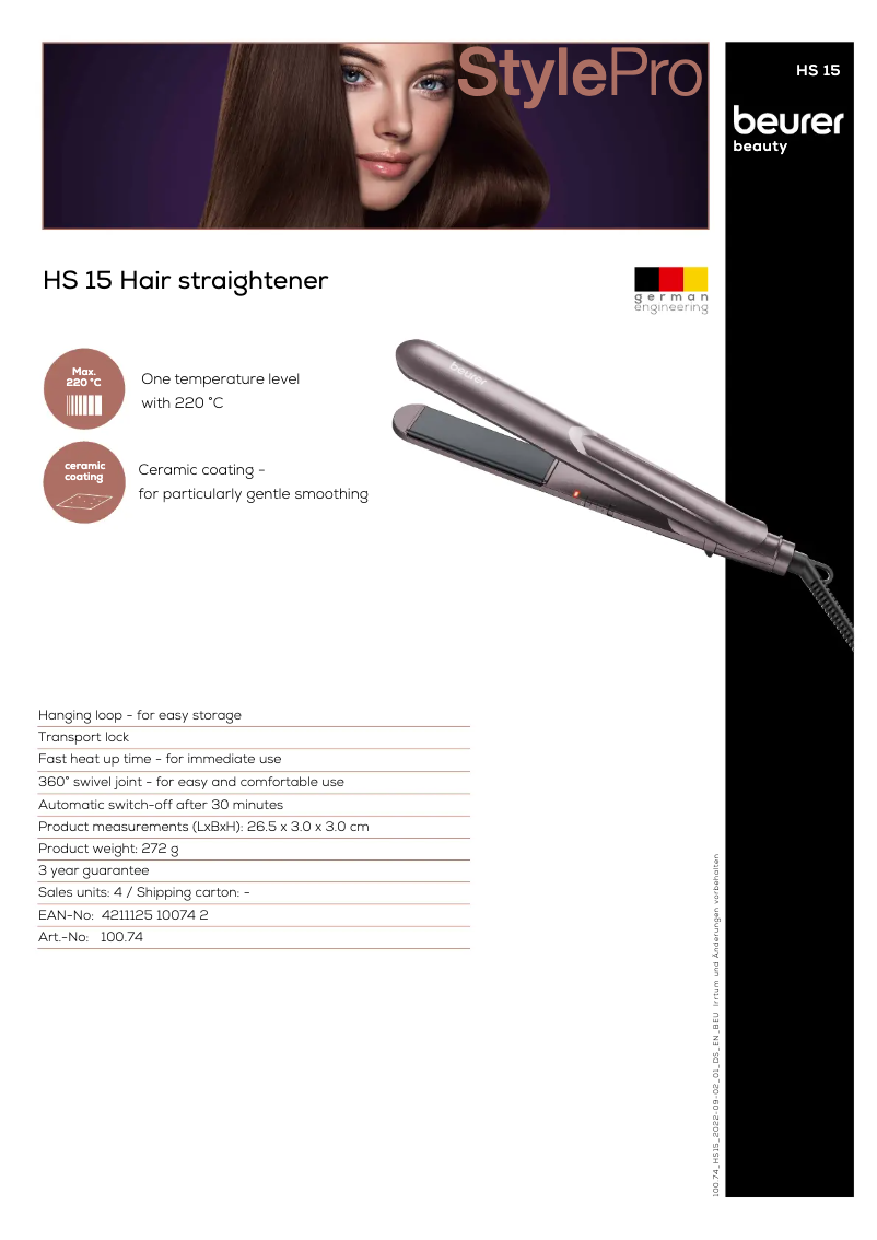Page 1 of the manual Technical Sheet Beurer HS 15
