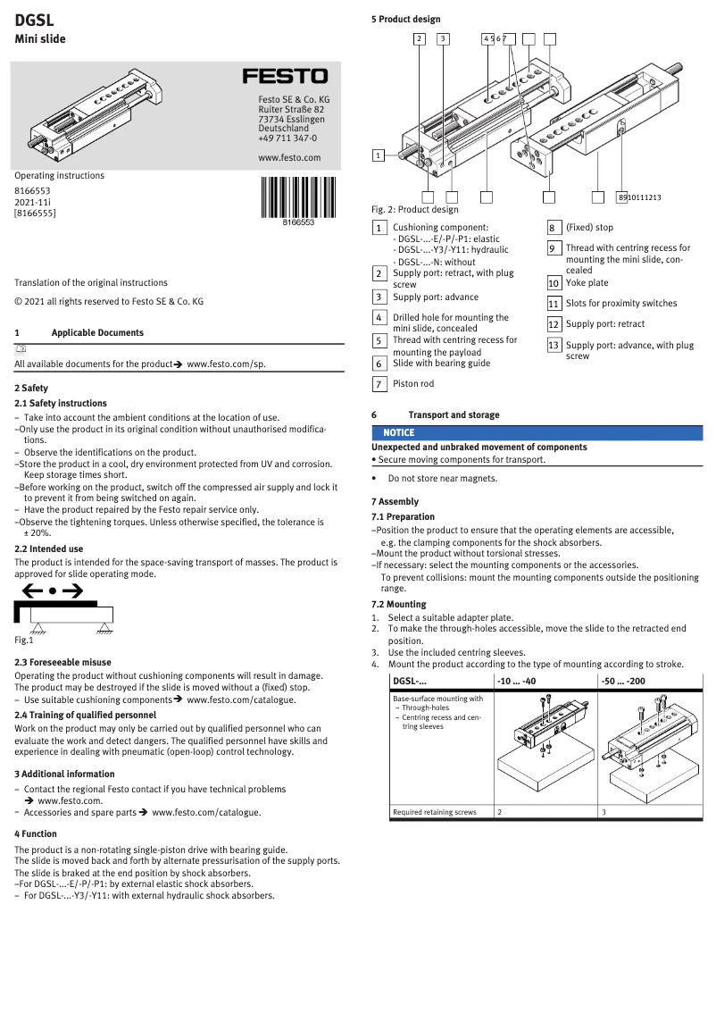 Page 1 de la notice Manuel utilisateur Festo DGSL-6-30-P1A