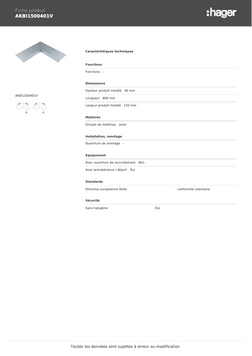 Page 1 de la notice Fiche technique Hager AKBI1500401V