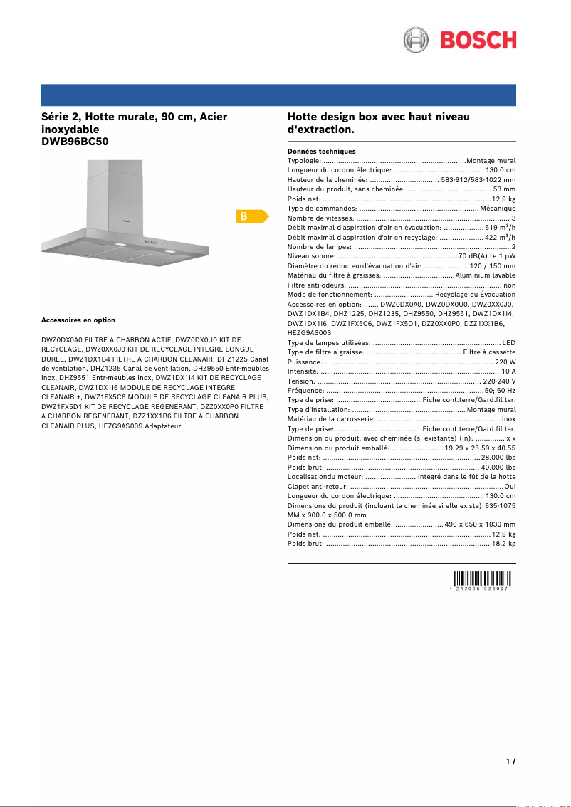 Page 1 of the manual Technical Sheet Bosch DWB96BC50